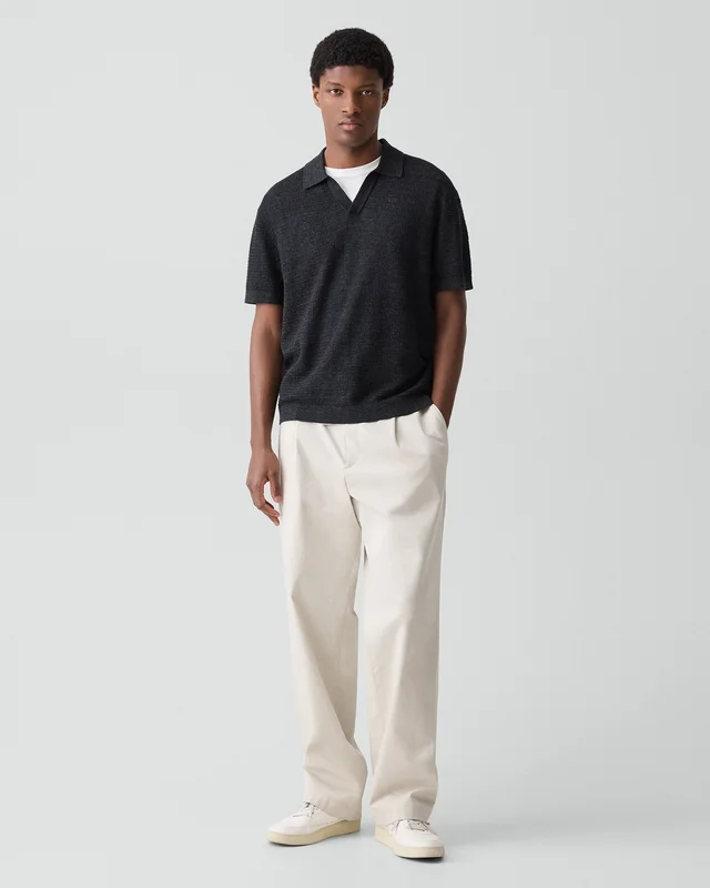 Theory Brenan Polo Shirt in Pacific Linen in BLACK 65% Linen, 23% Cotton, 12% Polyester; Exclusive Of Elastic, photo 5 of 12 from Theory
