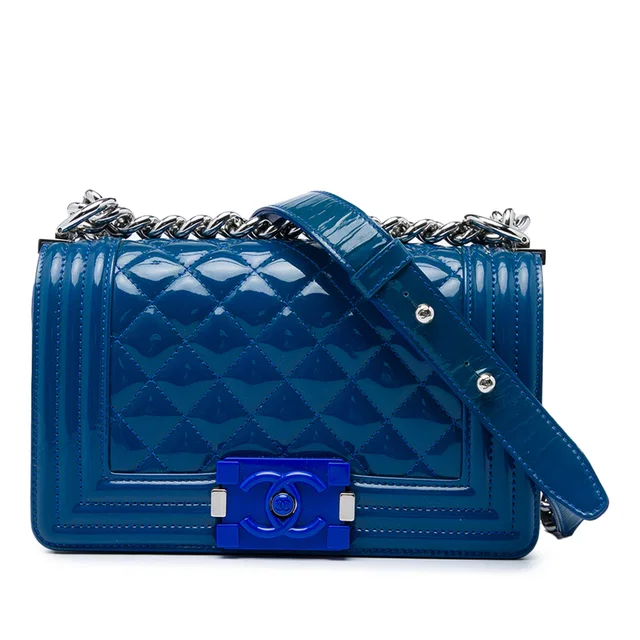Blue Chanel Small Quilted Patent and Acrylic Boy Flap Crossbody Bag in Blue Patent leather from Designer Revival