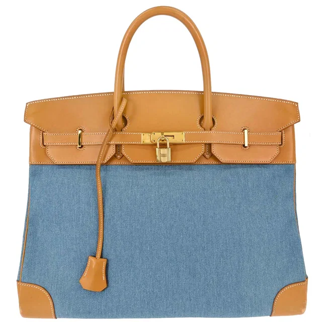 Hermès Blue Jean Natural Toile Jean Vache Birkin 40 Handbag in Beige from AMORE Vintage Tokyo