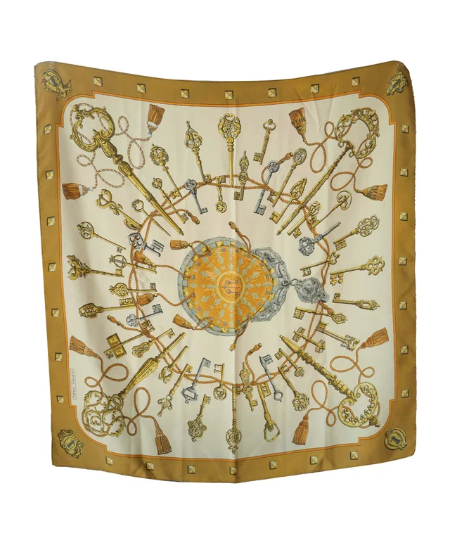 Hermès Les Clef Scarf Cream/ Gold 90cm in White Leather from Luxury Promise