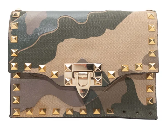 Olive & Multicolor Valentino Camo Rockstud Crossbody in Green Canvas from Designer Revival