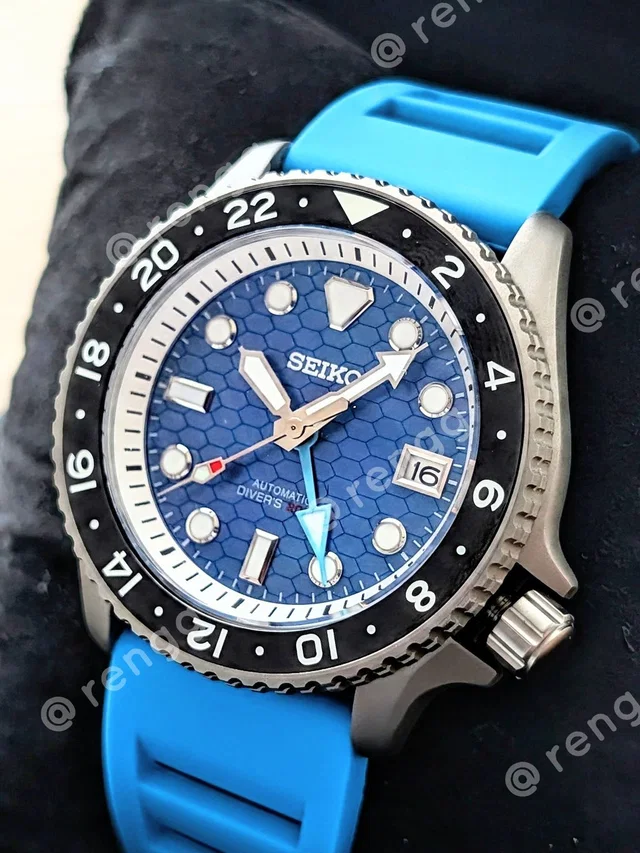42mm Titanium Seiko Blue Honeycomb Dial Gmt Automatic Diver Mod Watch Sapphire in blue from Poshmark