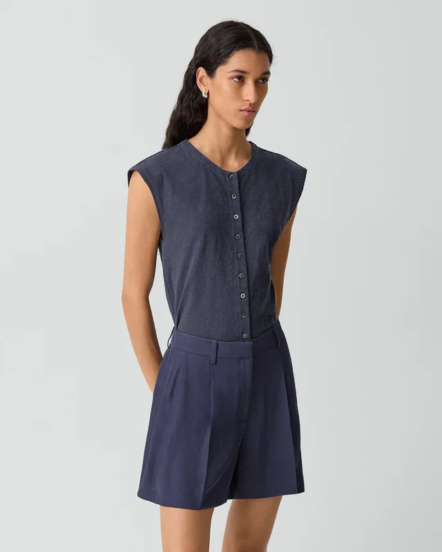 Theory Crewneck Button-Up Top in Organic Slub Cotton, photo 2 of 5 from Theory