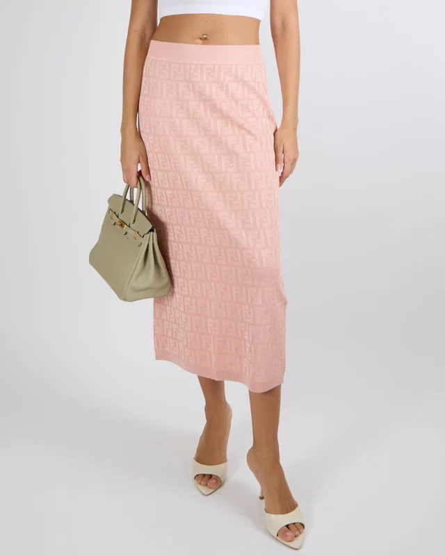 Fendi Pink Knitted FF Logo Midi Skirt Size IT 44 (UK 12) in Pink from Sellier