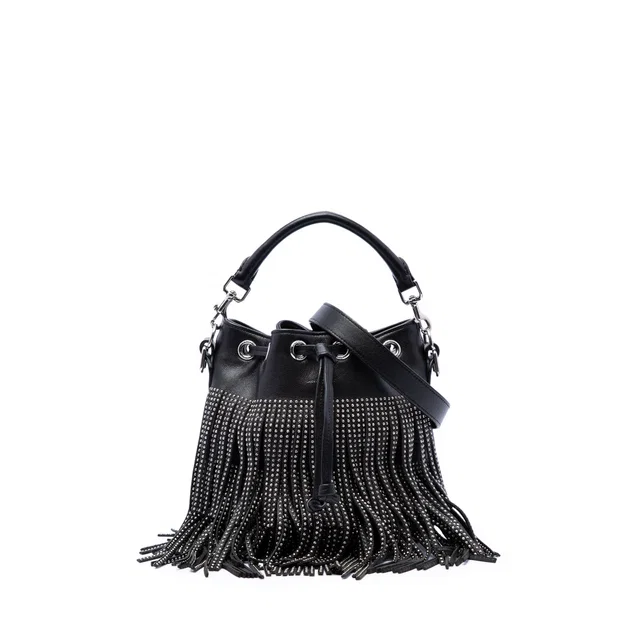 Black Saint Laurent Small Studded Calfskin Emmanuelle Fringe Bucket Bag in Black Calfskin from Designer Revival