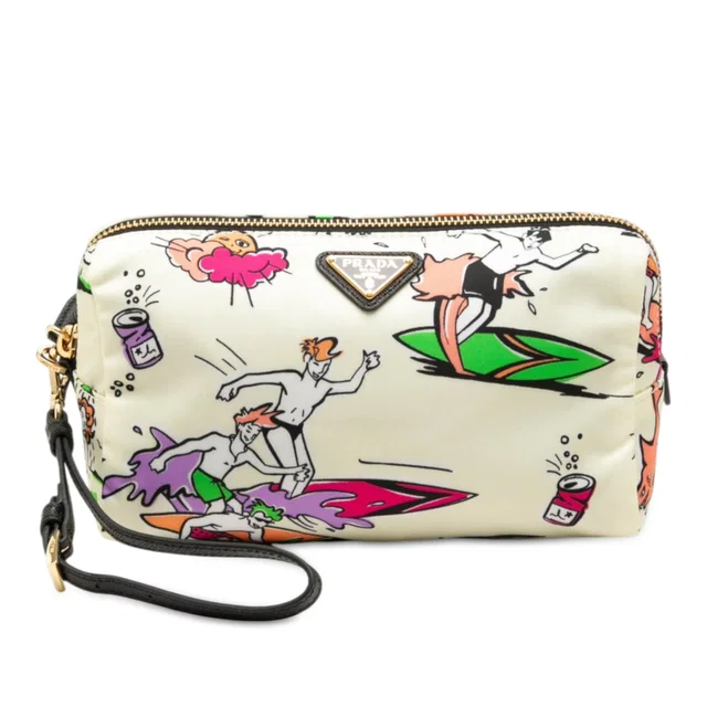 White Prada Tessuto Stampato Surf Cosmetic Pouch in White Nylon from Designer Revival