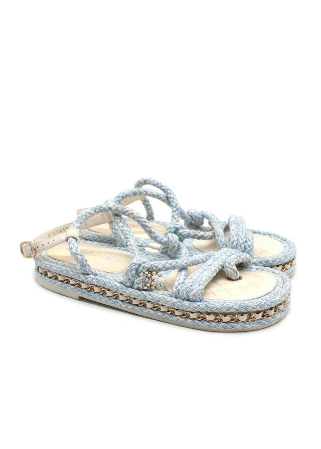 Chanel Cord Blue Rope Chain Flat Sandals in Blue Leather from HEWI