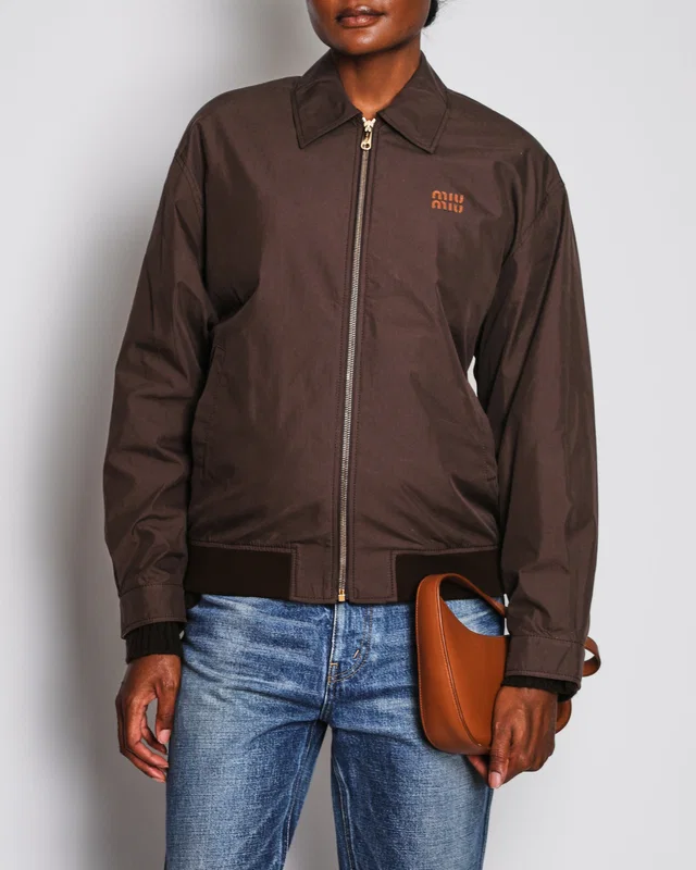 Miu Miu Brown Panama Blouson Jacket with Logo Detail Size IT 38 (UK 6) in Brown from Sellier