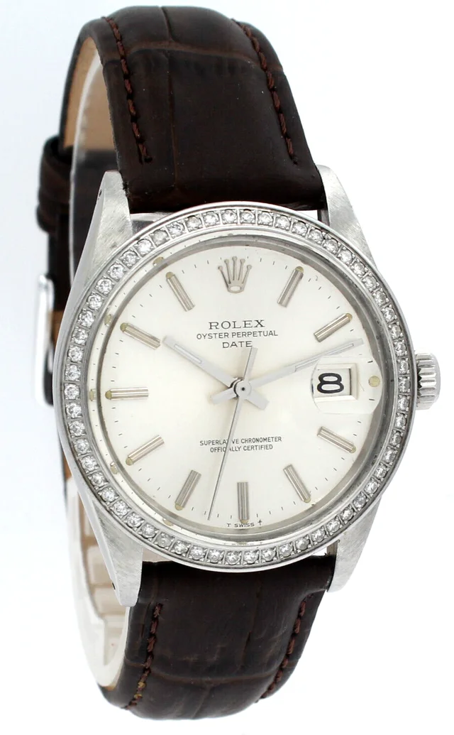 Mens Vintage Rolex Oyster Perpetual Date Steel Silver Dial 34mm Diamond Watch | Rolex | Buy at in Silver from Truefacet