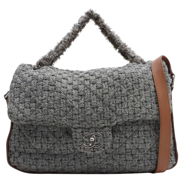 Chanel 2011 Vintage Knit Leather Combo CC Turnlock 2way Bag Grey/Brown in Brown Leather from VINTAGE QOO TOKYO