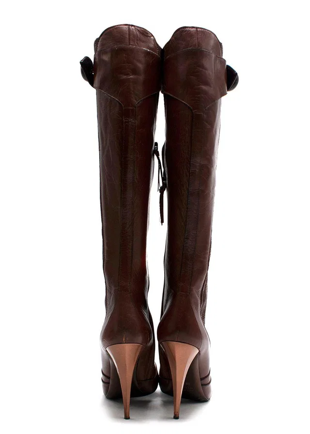 Miu Miu Brown Leather High-Heel Knee Boots in Brown Leather from HEWI