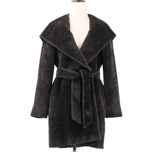 Max Mara Alpaca Shaggy Hoodie Belted Coat Gown 38 Black in Black from The Reluxe
