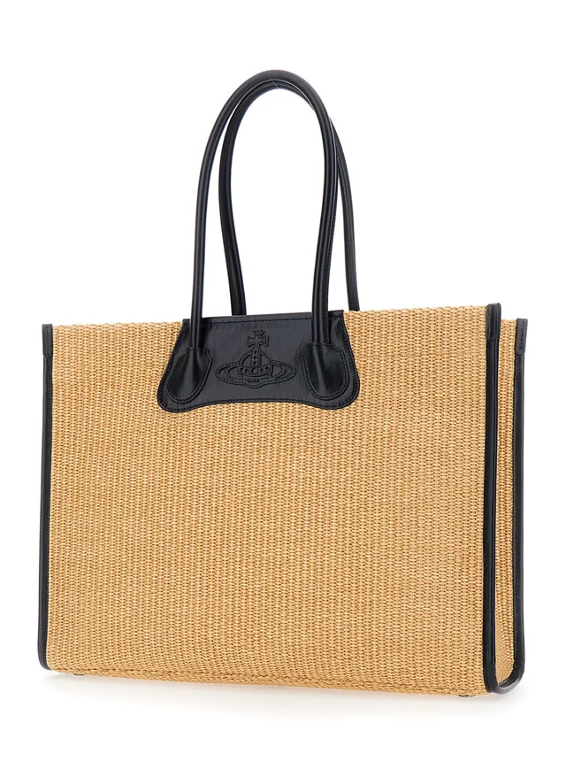 VIVIENNE WESTWOOD 'Troy' Beige Tote bag with Orb Logo Embossed on the Front and Raffia Effect in Cotton for Women in Beige 58% Cotton 42% Polyamide, photo 4 of 10 from Gaudenzi Boutique