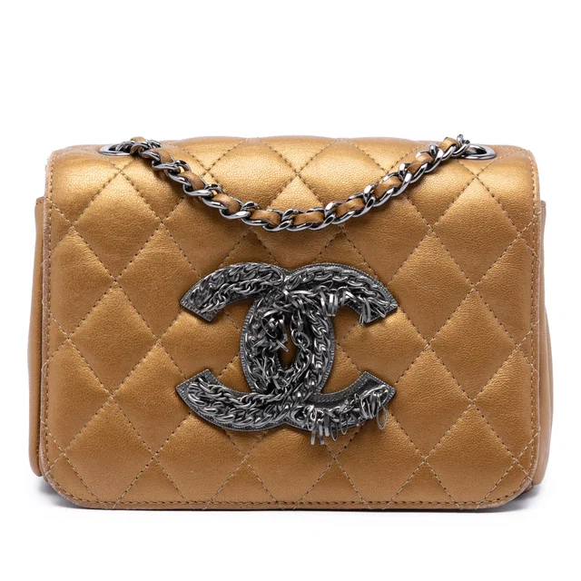 Gold Chanel Limited Edition Mini Quilted Metallic Lambskin CC Chain Fringe Full Flap Crossbody… in Gold Lambskin from Designer Revival