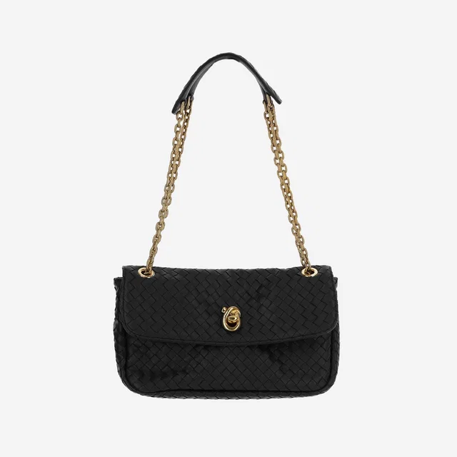 Bottega Veneta Intrecciato Woven Lambskin Shoulder Bag — Black Lamb Skin in Black Lambskin from HEWI