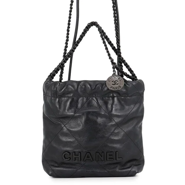 Chanel Handbag 22 Mini CC Logo Shiny Calfskin 2-Way Shoulder Black in Black Calfskin from The Reluxe
