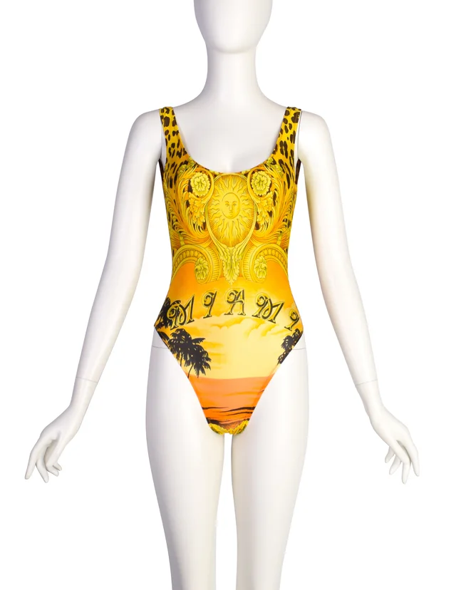 Versace Vintage SS 1993 Iconic Miami Baroque Leopard Print Swimsuit in Nylon from Amarcord Vintage Fashion