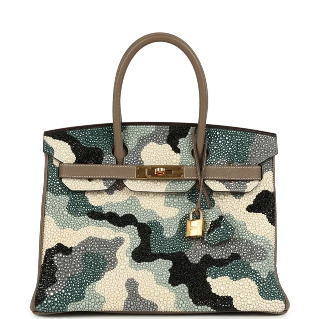 Custom "Camouflage" Swarovski Crystal Hermes Birkin 30 Etoupe Togo Gold Hardware in Taupe Togo leather from Madison Avenue Couture