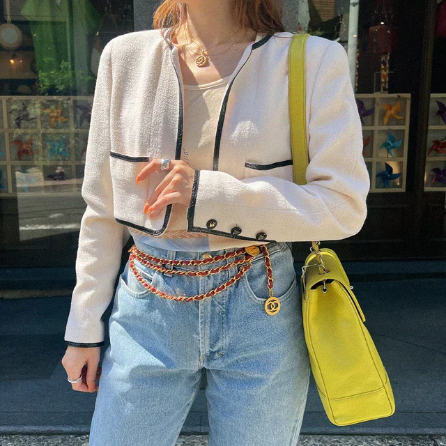 Chanel 1995 Cropped Collarless CC Mark Button Jacket #42 Ivory in White Nylon from VINTAGE QOO TOKYO