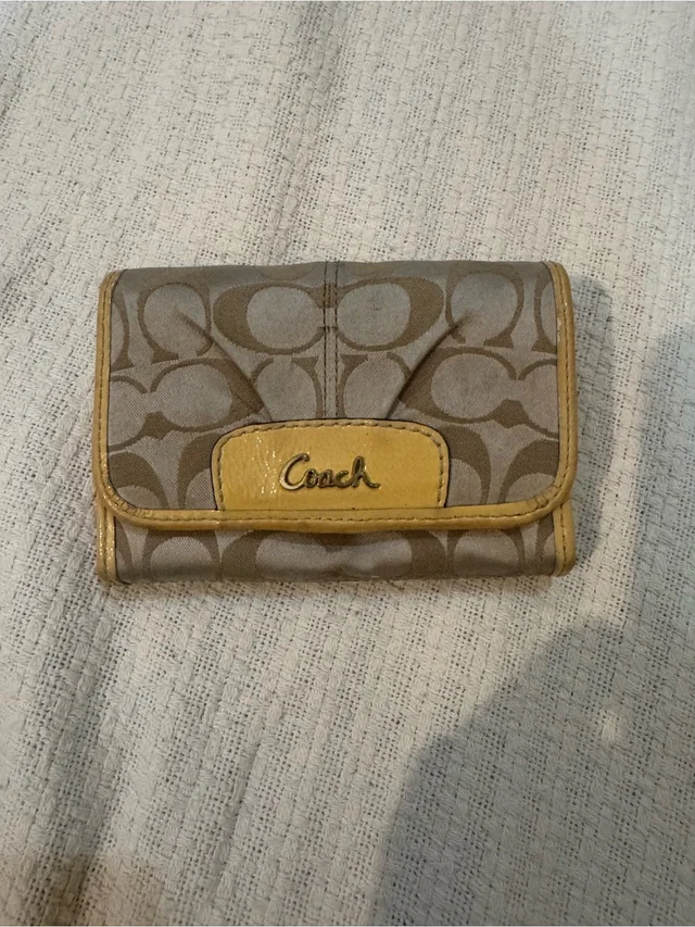 Coach Signature Canvas Wallet In Beige With Yellow Trim in yellow|brown|neutral Canvas from Poshmark