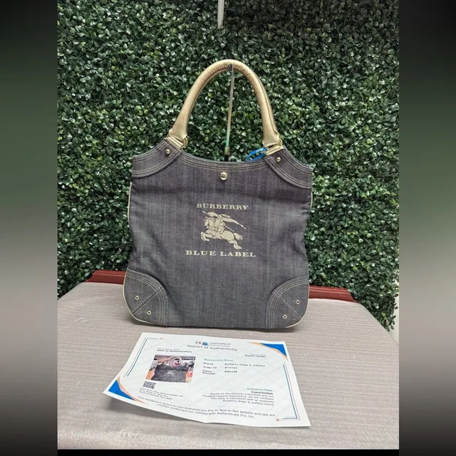 Burberry Label Denim Tote With Metallic Handles in blue Denim from Poshmark