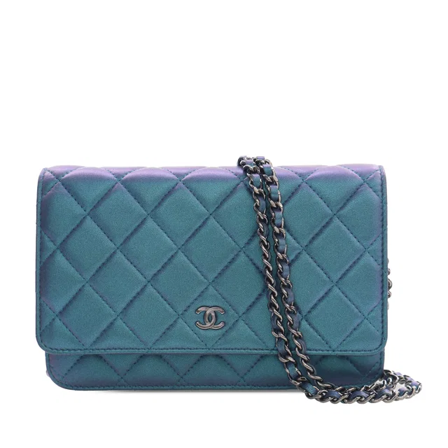 Blue Chanel CC Quilted Iridescent Lambskin Wallet on Chain Crossbody Bag in Blue Lambskin from Designer Revival