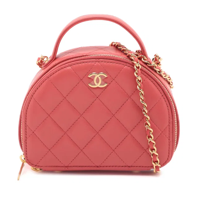 Red Chanel Quilted Lambskin Chic Riviera Top Handle Vanity Case Satchel in Red Lambskin from Designer Revival
