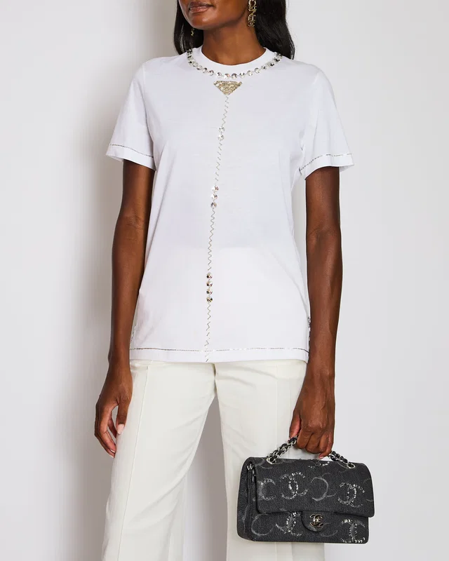 Prada White T-Shirt with Silver Embellishment Detail IT 40 (UK 8) in White from Sellier