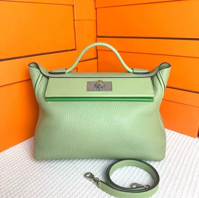 Hermès 24/ 29cm Vert Criquet / Bamboo Clemence PHW #Y - Preloved in Green Clemence leather from Luxury Promise