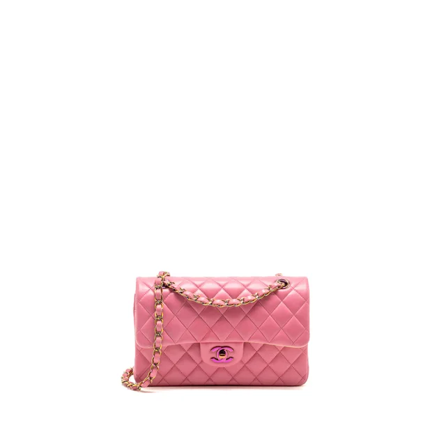 Chanel small classic double flap bag lambskin pink/yellow in Pink Lambskin from EMIER
