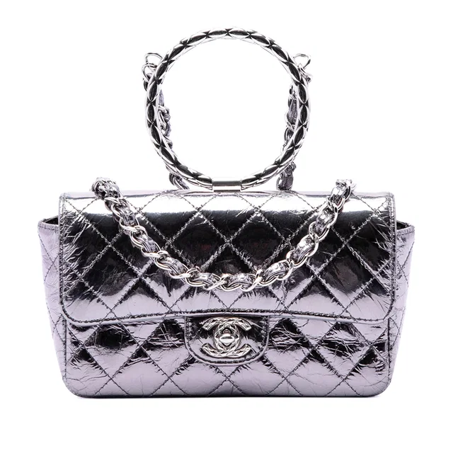 Silver Chanel Mini Quilted Metallic Calfskin Ring Top Handle Flap Satchel in Silver Calfskin from Designer Revival