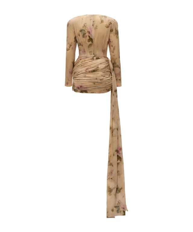 Magda Butrym Longsleeve sash mini dress in beige floral print, photo 2 of 4 from SENSER