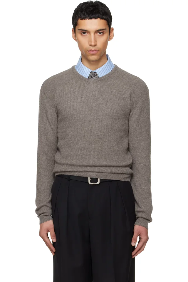 TONYWACK Taupe Superfine Wool Commando V-Neck Knit Sweater, image 1 of 1 from SSENSE