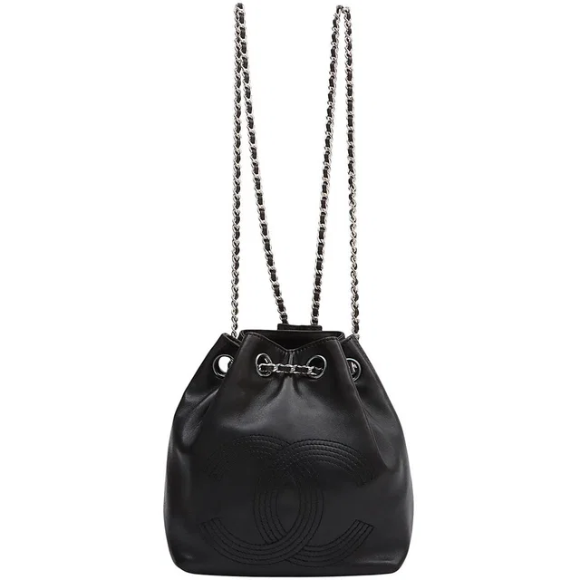 Chanel Circa 1995 CC Mark Quilted Drawstring Chain Backpack Mini Black in Black Lambskin from VINTAGE QOO TOKYO