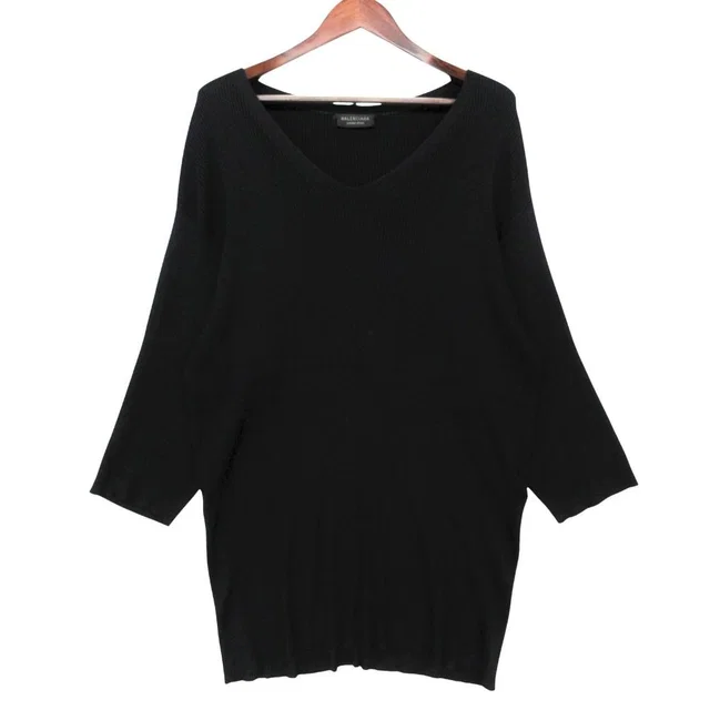 Balenciaga Dress Long Sleeve V-neck Silk Rib Knit Black LL in Black Silk from The Reluxe