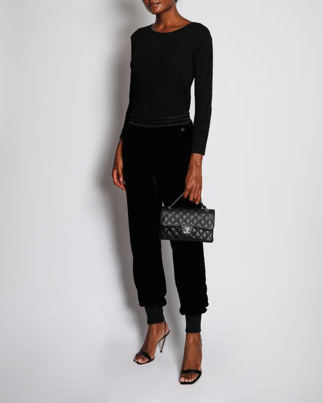 Chanel 20/K Black Velvet Trousers with Cuff and Satin Band Detail Size FR 38 (UK 10) in Black Velvet from Sellier