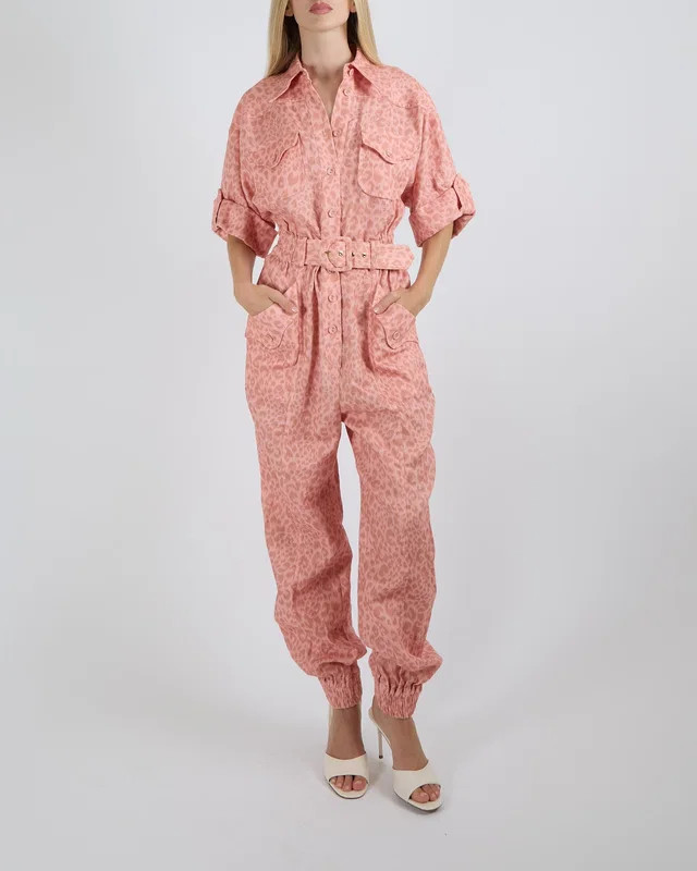 Zimmermann Pink Linen Leopard Print Boilersuit Jumpsuit with Belt Detail Size 0 (UK 8) in Pink from Sellier