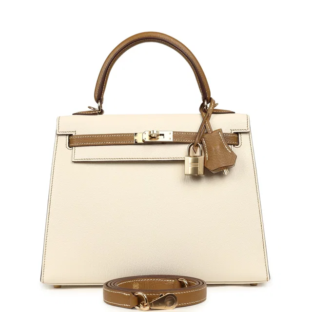 Hermès Special Order (HSS) Kelly Sellier 25 Nata, Caramel Chevre Mysore Permabrass Hardware in Goatskin from Madison Avenue Couture