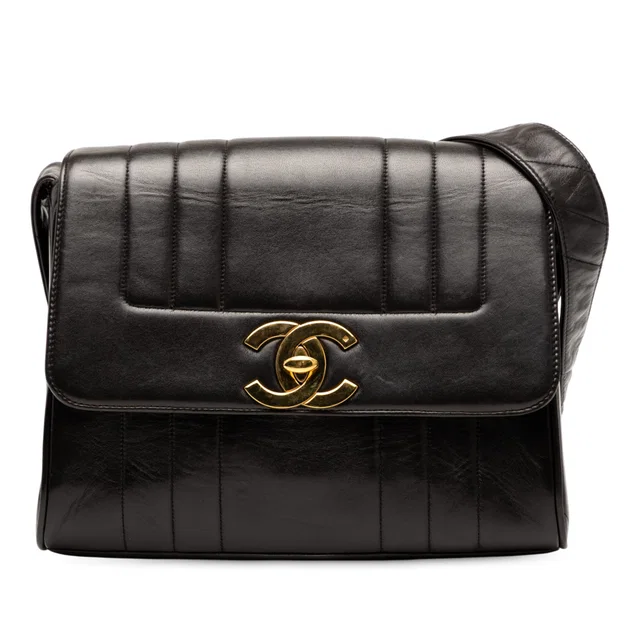Black Chanel Vertical Quilt Lambskin Flap Crossbody Bag in Black Lambskin from Designer Revival