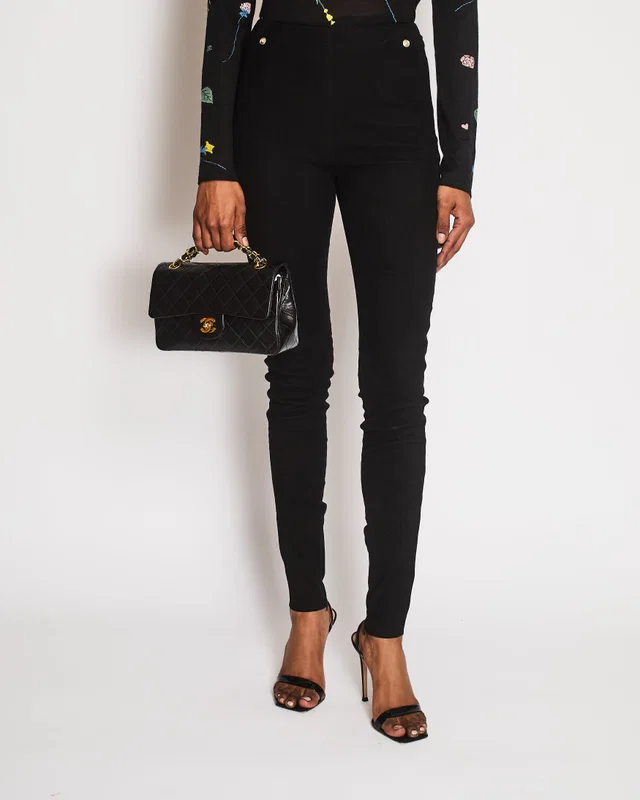 Chanel Black Suede Trousers with Bottom Zipper Details and Silver CC Logo Buttons Size FR 34 (UK 6) in Black Suede from Sellier