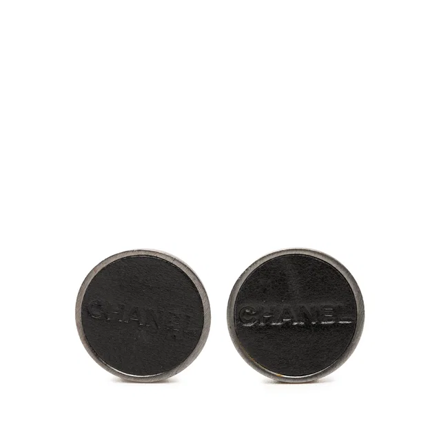 Silver Chanel Brass Leather Logo Clip On Earrings in Silver Leather from Designer Revival