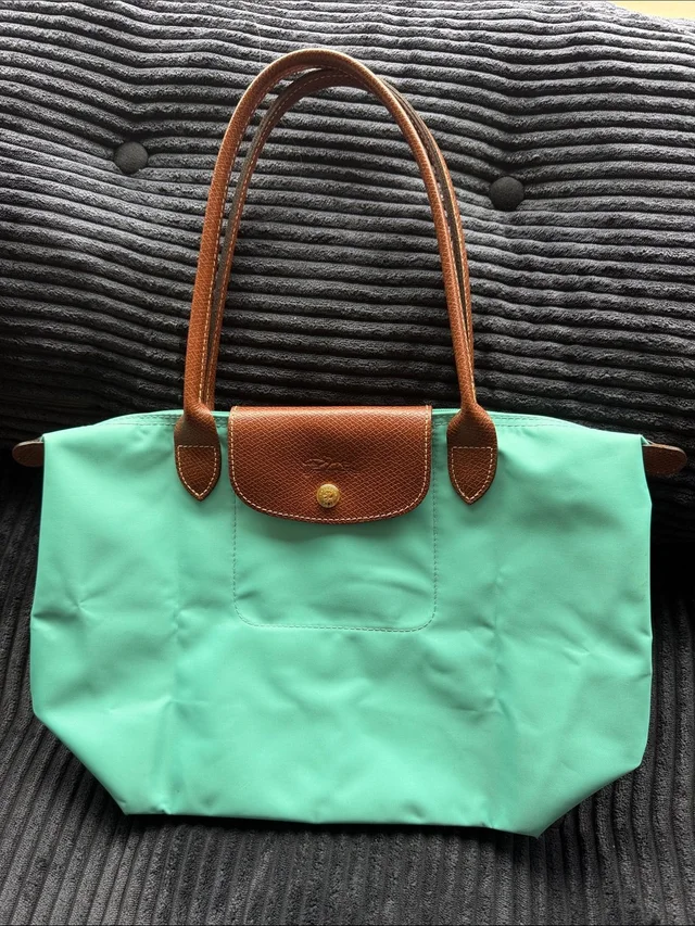 Longchamp Le Pliage Medium Turquoise Green Tote Bag With Brown Leather Trim from Poshmark