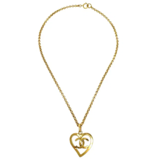 Chanel 1995 Gold CC Heart Cutout Pendant Necklace in Gold from AMORE Vintage Tokyo