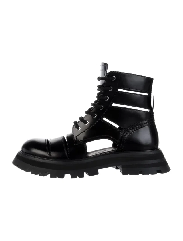 Alexander McQueen Leather Lace-Up Boots in black Leather from The RealReal