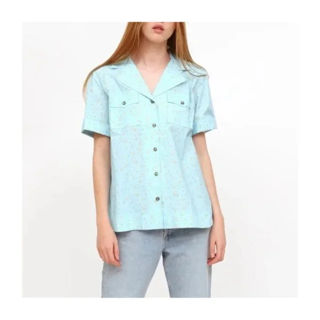 GANNI Floral Organic Cotton Poplin Button Up Short Sleeve Shirt in blue from Poshmark