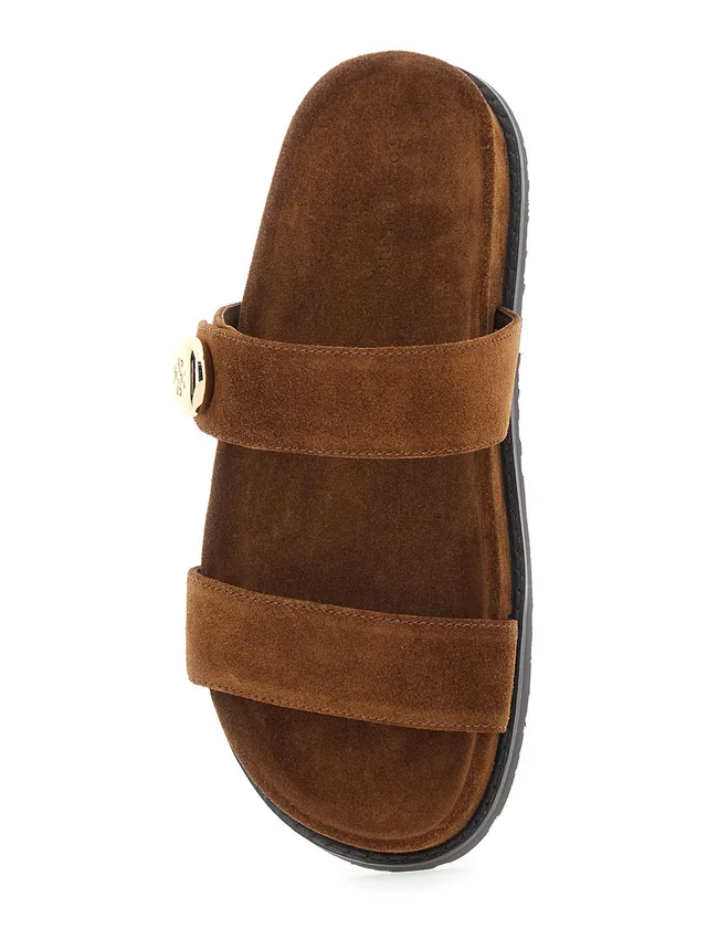TORY BURCH Romy Sandals with Logo Plate on the Front in Brown Suede for Women in Brown 100% Bovine, photo 8 of 8 from Gaudenzi Boutique