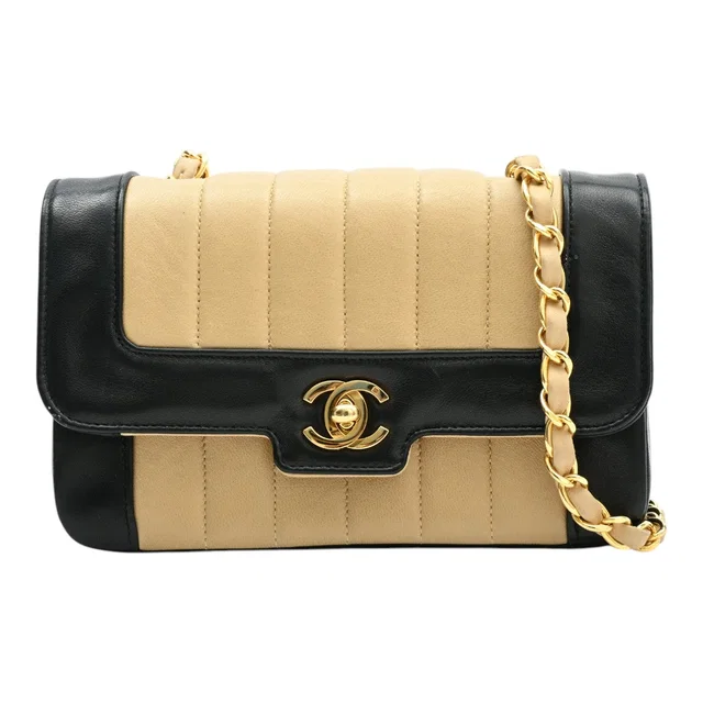 Chanel 1992-era Mademoiselle Stitch CC Turnlock Chain Shoulder Bag Beige/Black in Black Lambskin from VINTAGE QOO TOKYO