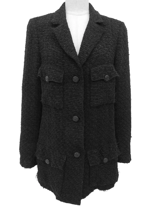 Chanel 2006 Tweed CC Mark Button Jacket #38 Black in Black Tweed from VINTAGE QOO TOKYO