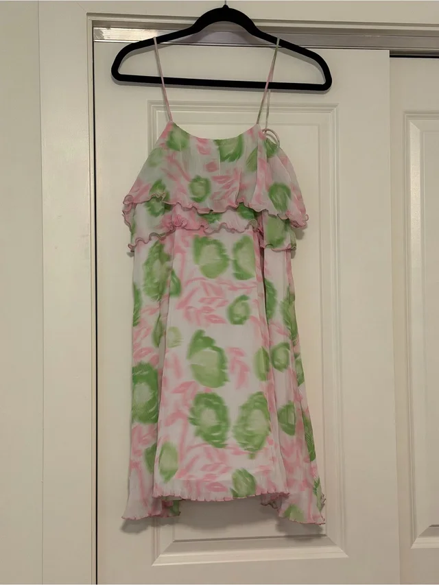 GANNI Pink & Green Floral Ruffle Mini Dress in green|pink from Poshmark