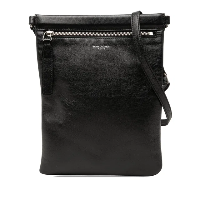 Black Saint Laurent Antiqued Lambskin Sid Flat Crossbody in Black Lambskin from Designer Revival